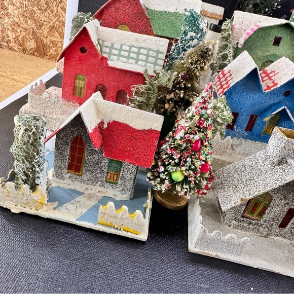 Set Of 11 Vintage Putz Houses Churches Beaded Bottle Brush Trees Japan - Picture 3 of 16